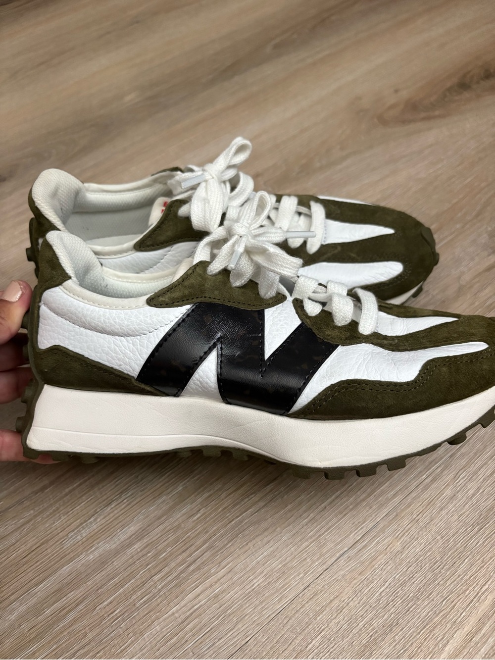 Women’s White and Olive Green Retro Runner Sneakers - Picture 3 of 7